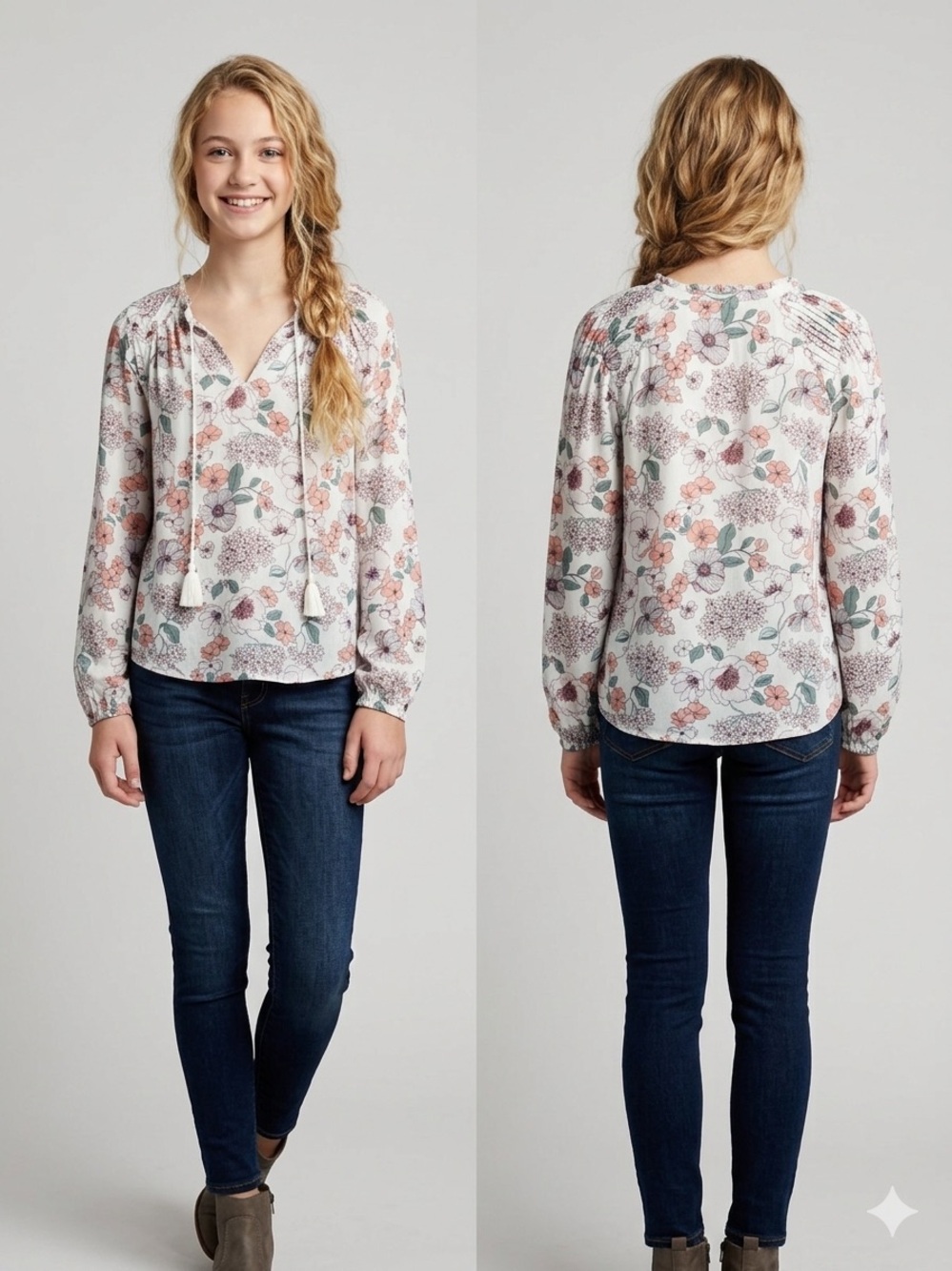 Lucky Brand Floral Boho Peasant Blouse Size S Small Viscose Long Sleeve Tassel